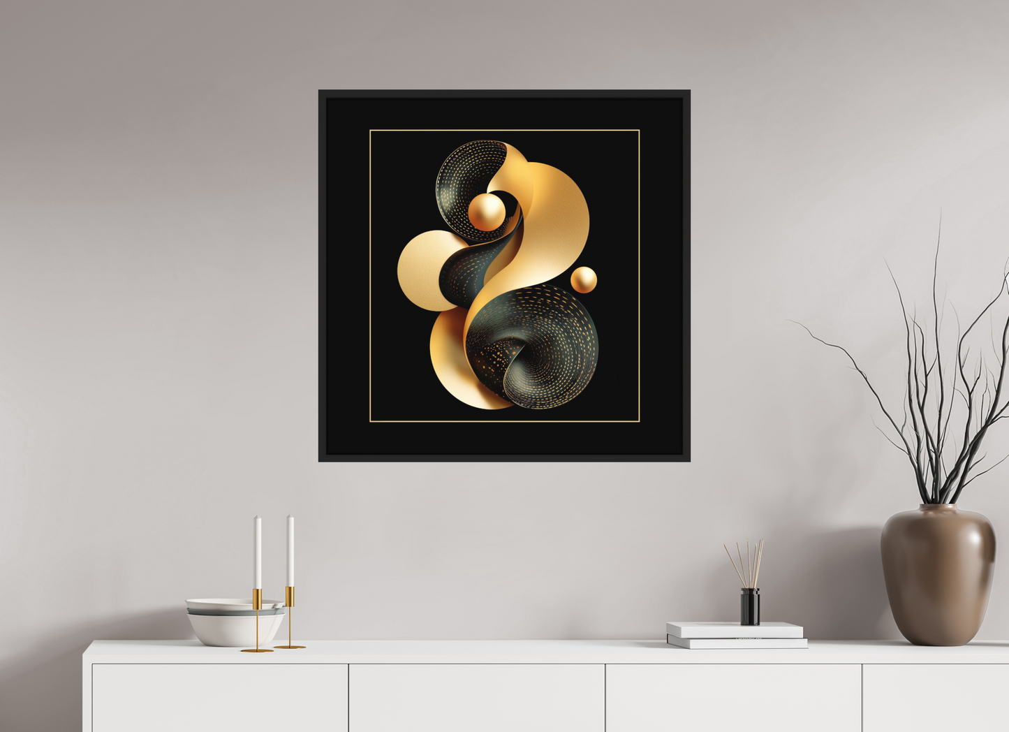 30 x 30″, Photo Print on Aluminum Backing with boarder Abstract Black & Gold