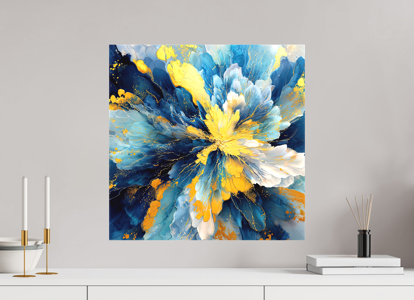 20 x 20″, Textile on Canvas Abstract Blue & Gold Flower