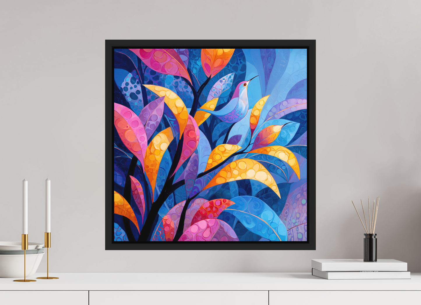 20 x 20″, Photo Print on Aluminum Backing with boarder Tropical Bird
