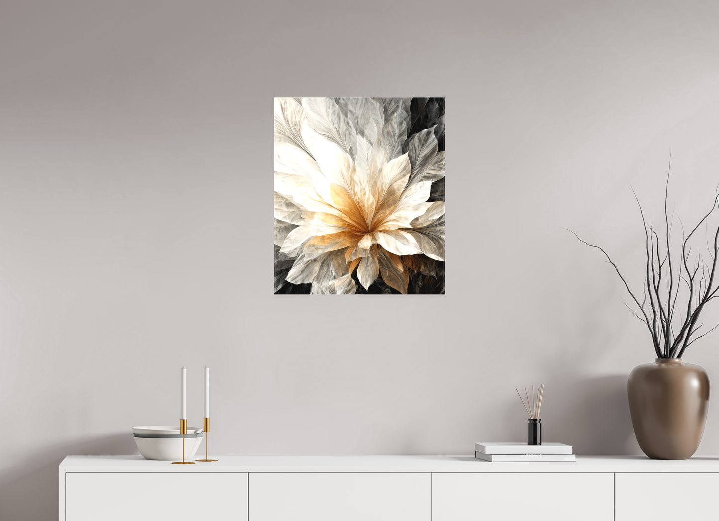 20 x 23.1″, Textile on Canvas White & Gold Flower 1
