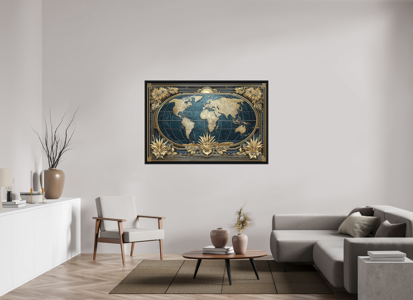 60 x 40″, Photo Print on Aluminum Backing with boarder Art Deco World Map