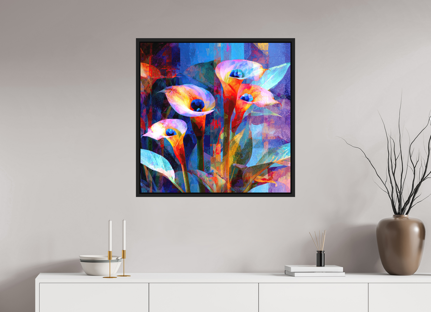 30 x 30″, Photo Print on Aluminum Backing with boarder Abstract Calla Lily Flowers