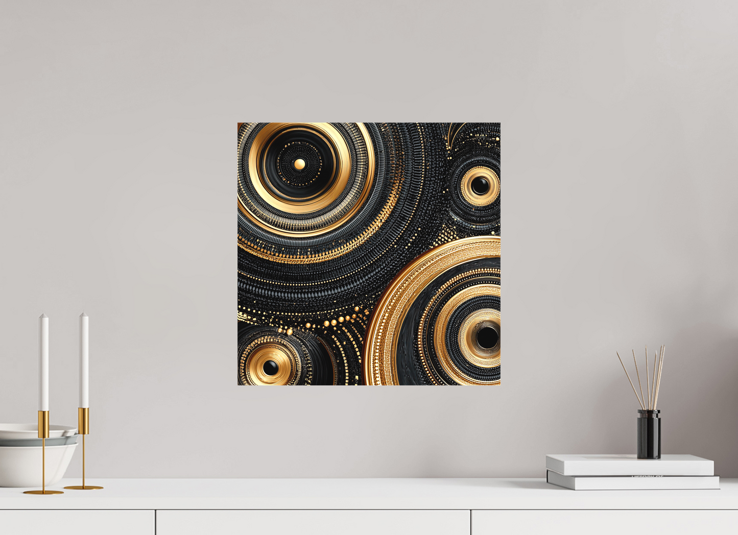15 x 15″, Textile on Canvas Gold & Black Circles