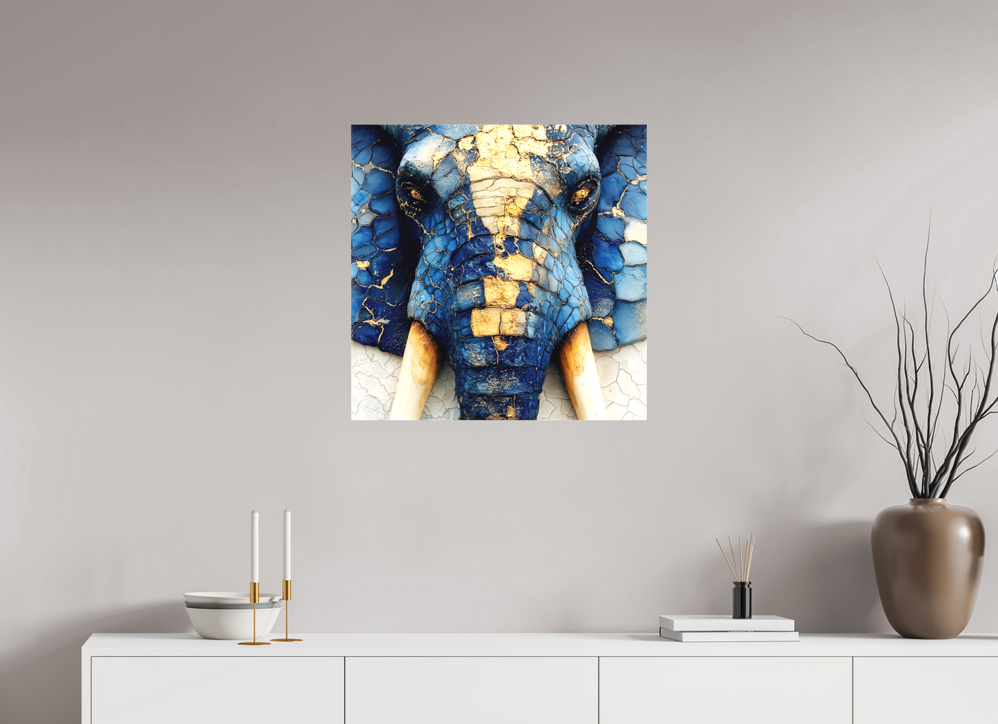 25 x 25″, Textile on Canvas Elephant