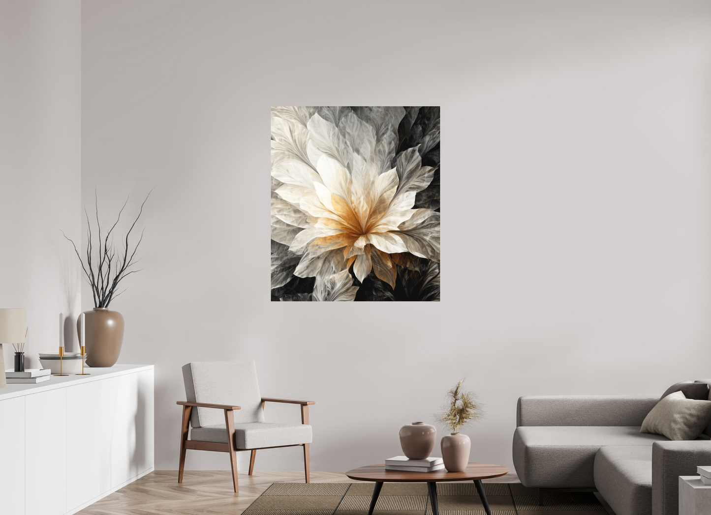 39 x 45″, Photo Print on Aluminum Backing White & Gold Flower 1