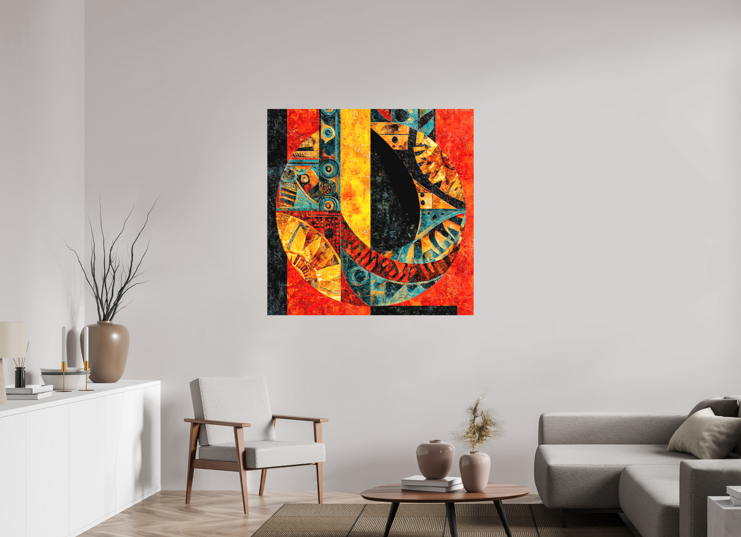 45 x 45″, Textile on Canvas Tribal Circle 1