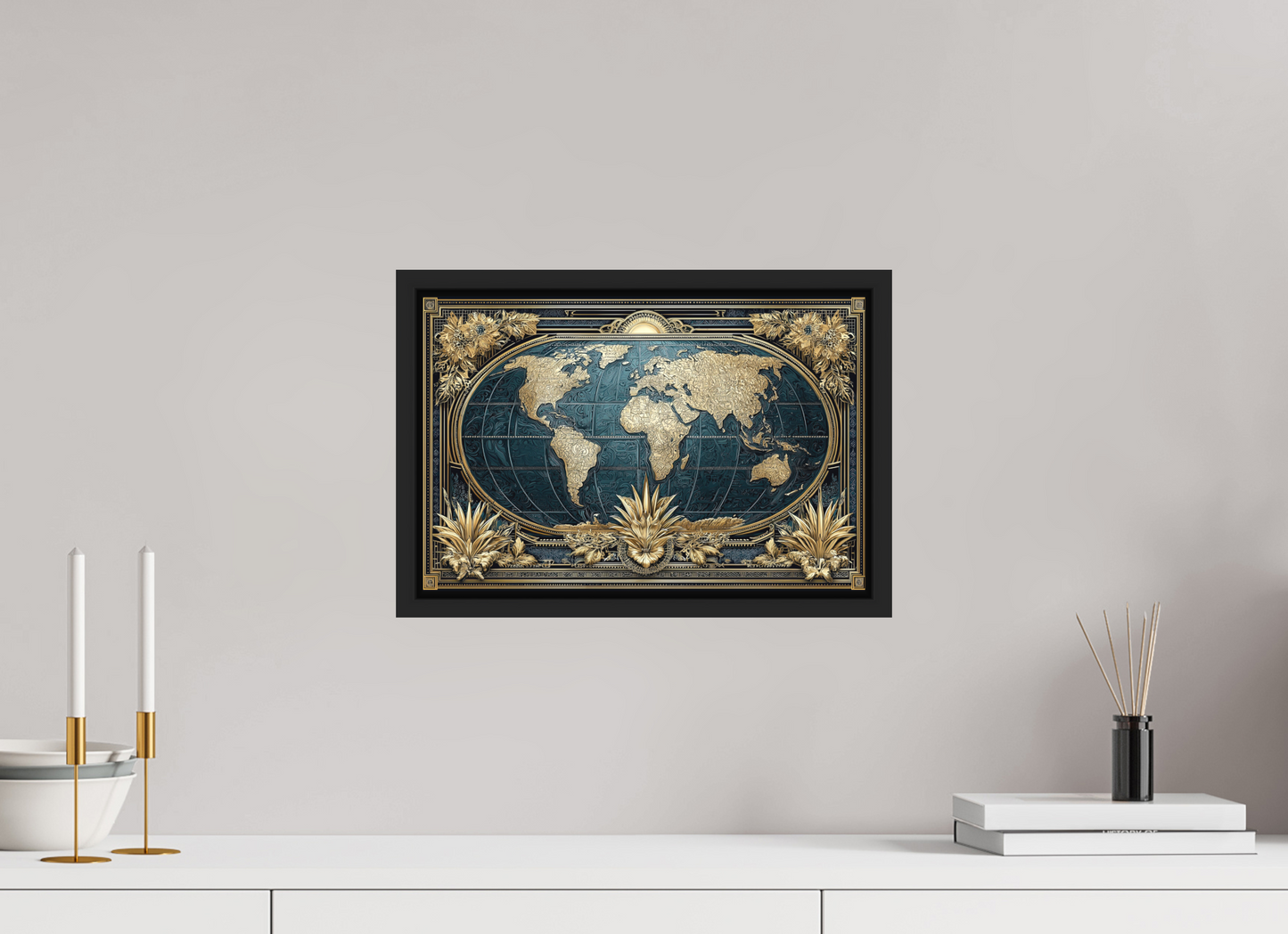 15 x 10″, Photo Print on Aluminum Backing with boarder Art Deco World Map
