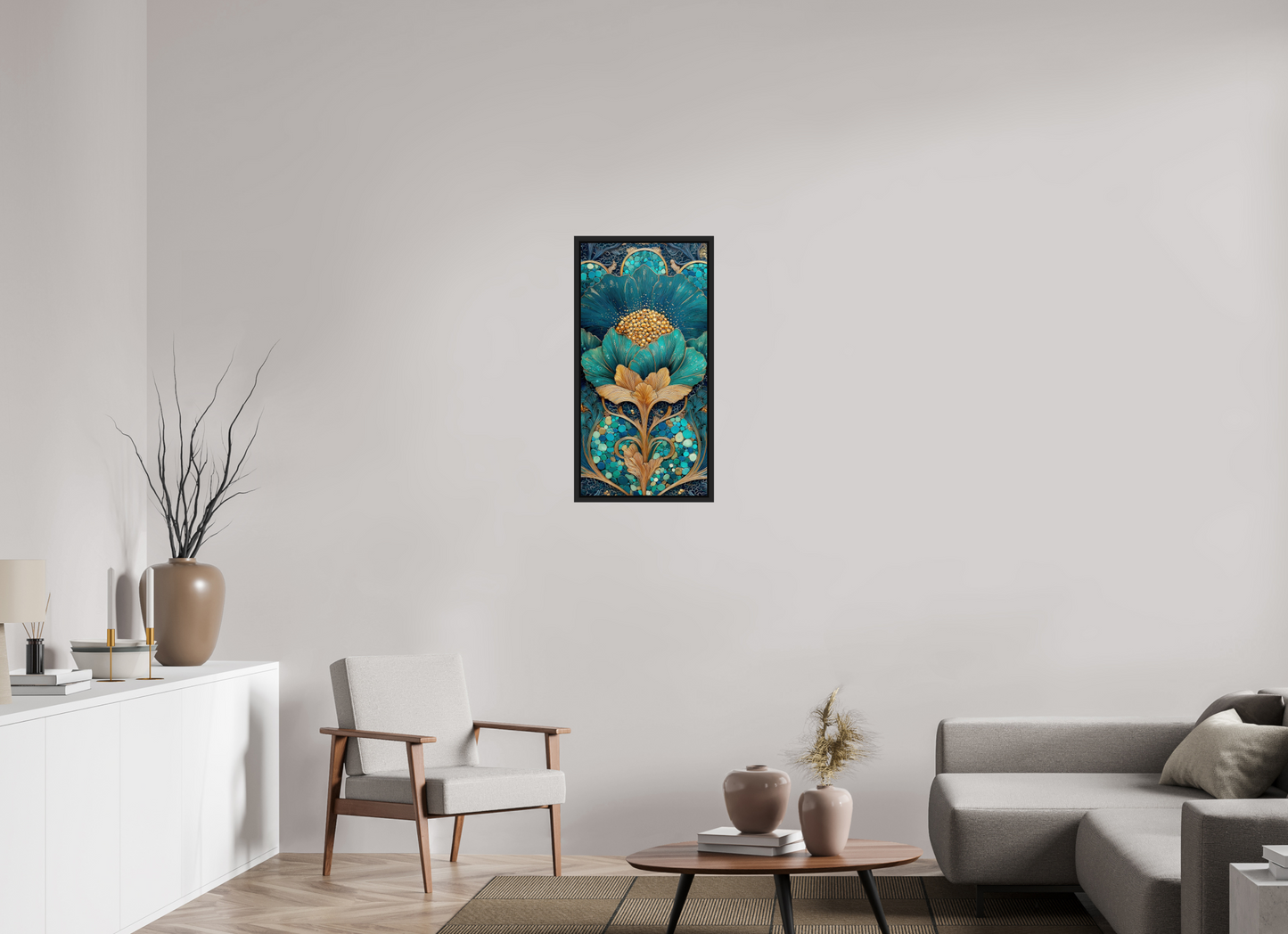 16 x 32″, Fine Art Print on Aluminum Dibond with Boarder Art Deco Teal Flower 2