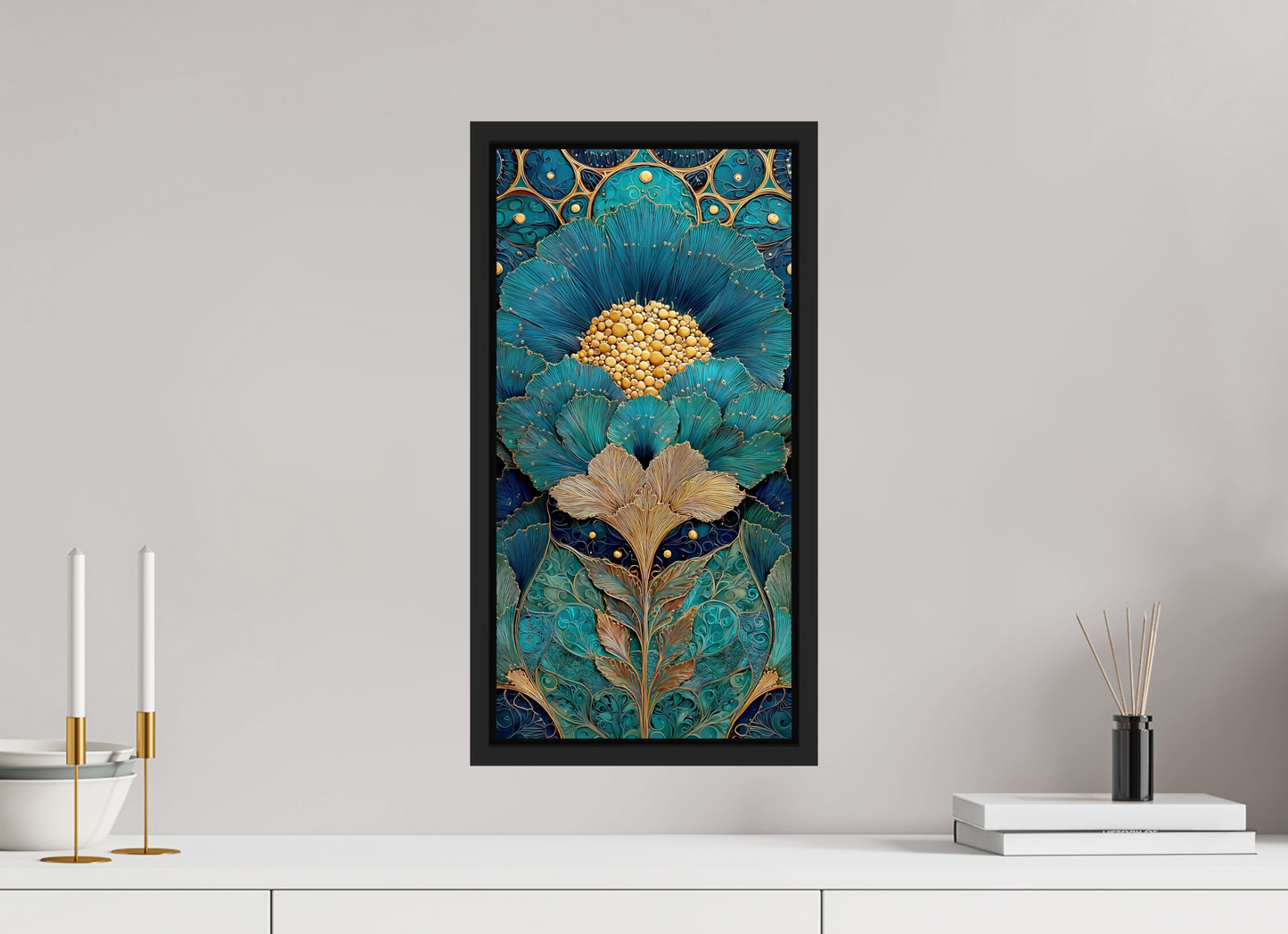 10 x 20″, Fine Art Print on Aluminum Dibond with Boarder Art Deco Teal Flower 1
