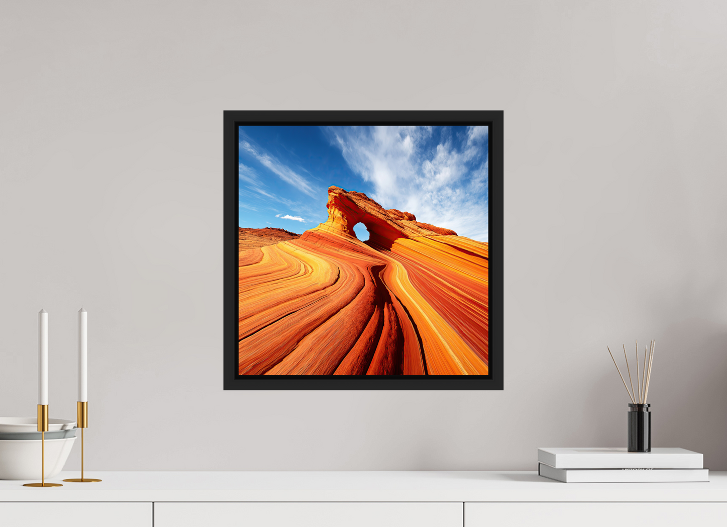 15 x 15″, Fine Art Print on Aluminum Dibond with Boarder Desert Rock Formation