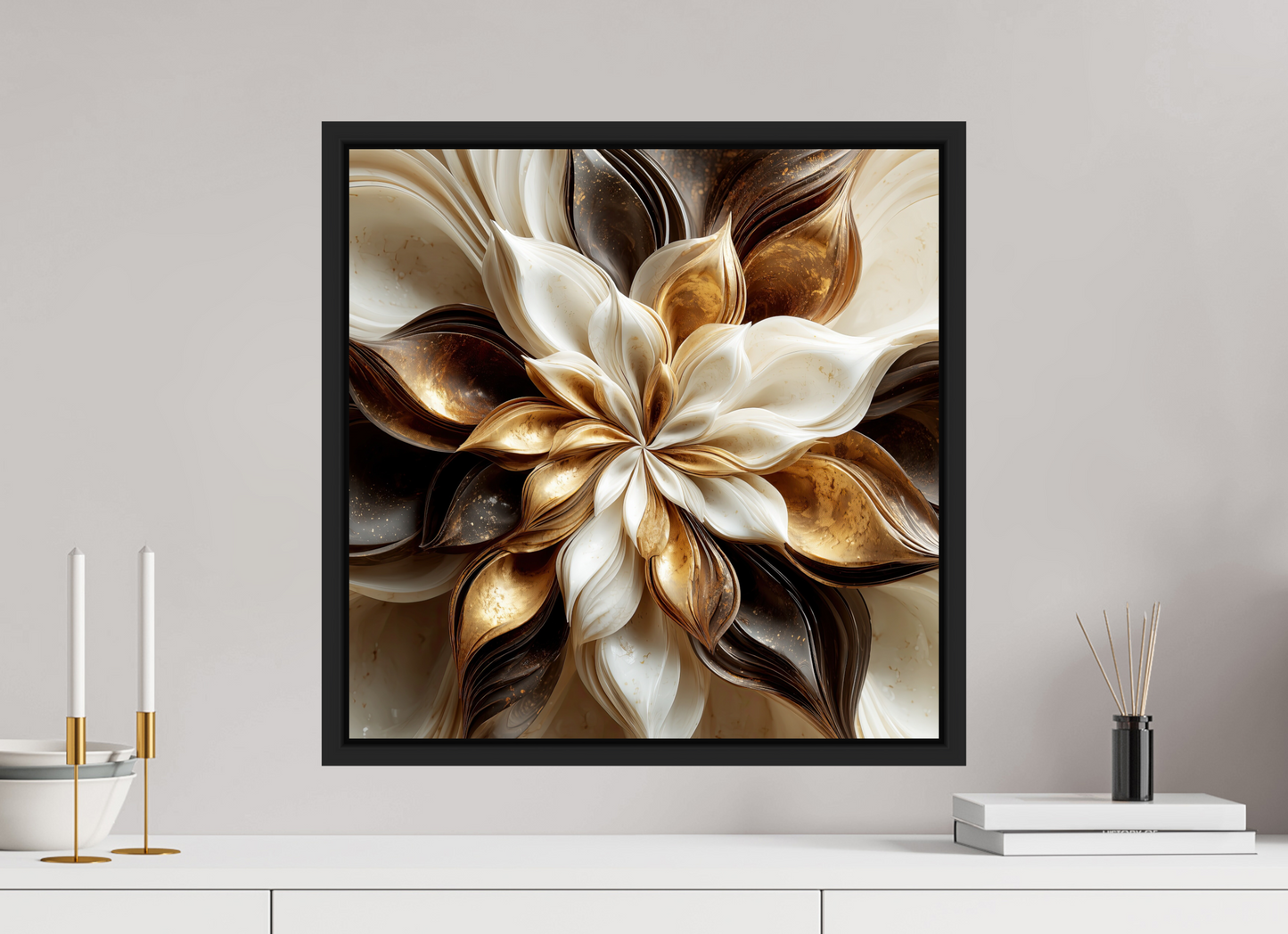 20 x 20″, Fine Art Print on Aluminum Dibond with Boarder Coffee Marble Flower