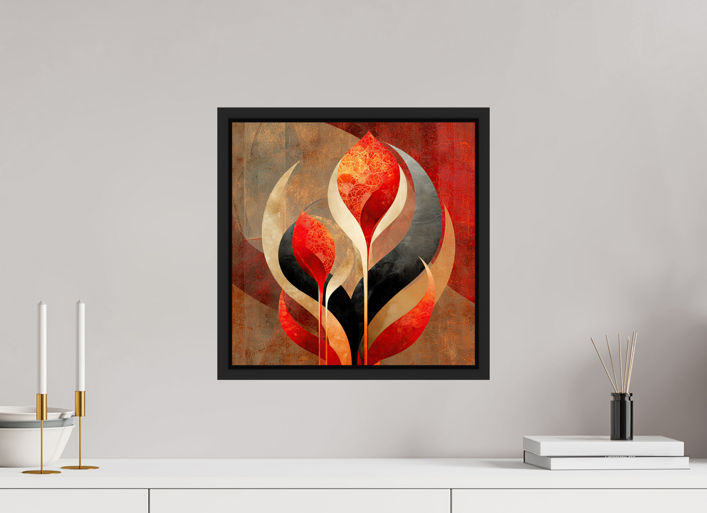 15 x 15″, Fine Art Print on Aluminum Dibond with Boarder Abstract Flowers 1